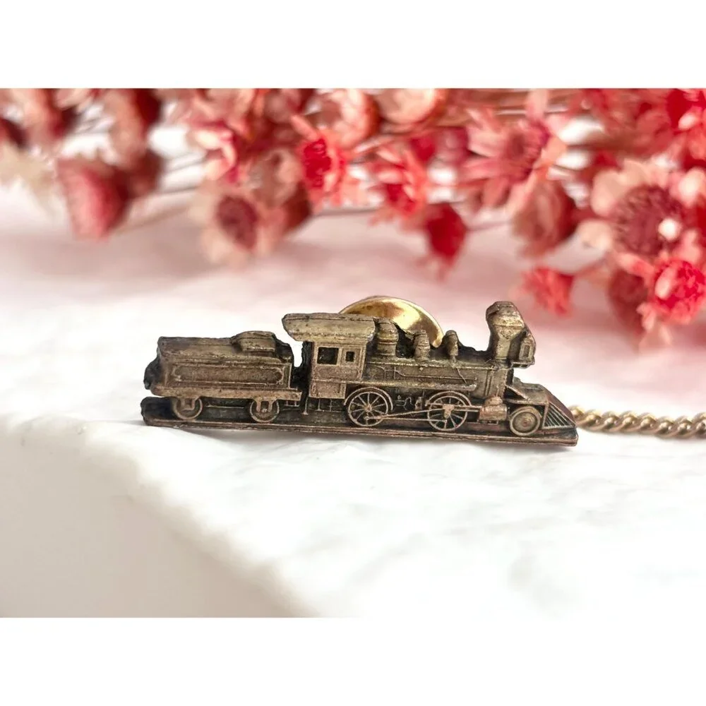 Locomotive Train Brass Toned Vintage Men's Tie Tack